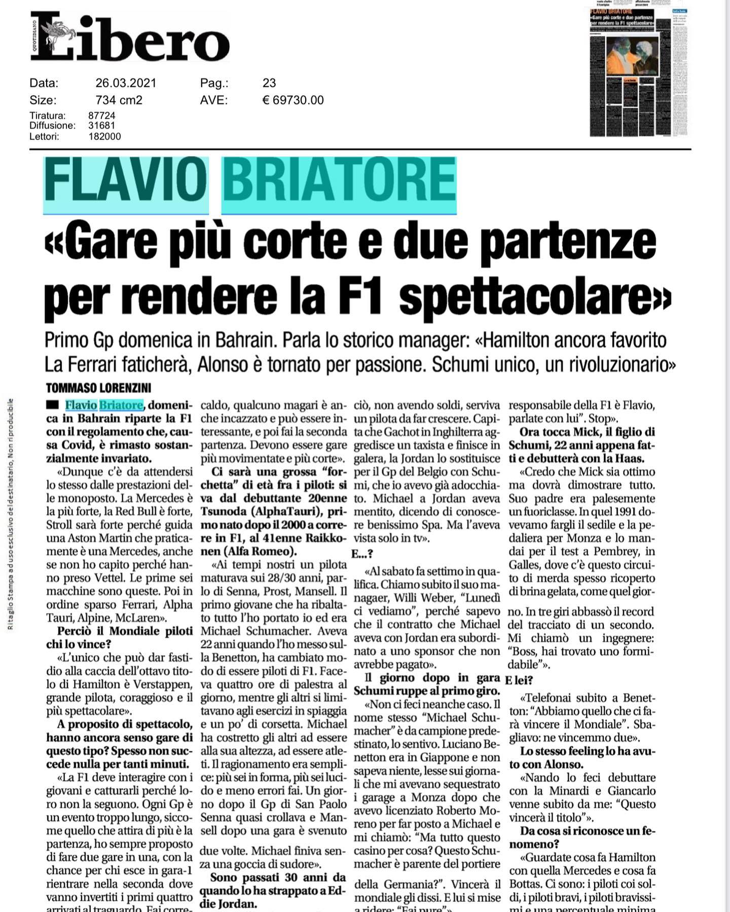 Flavio Briatore La F1 ricomincia. Un grosso in bocca al lupo a  .  la mia intervista a Libero...