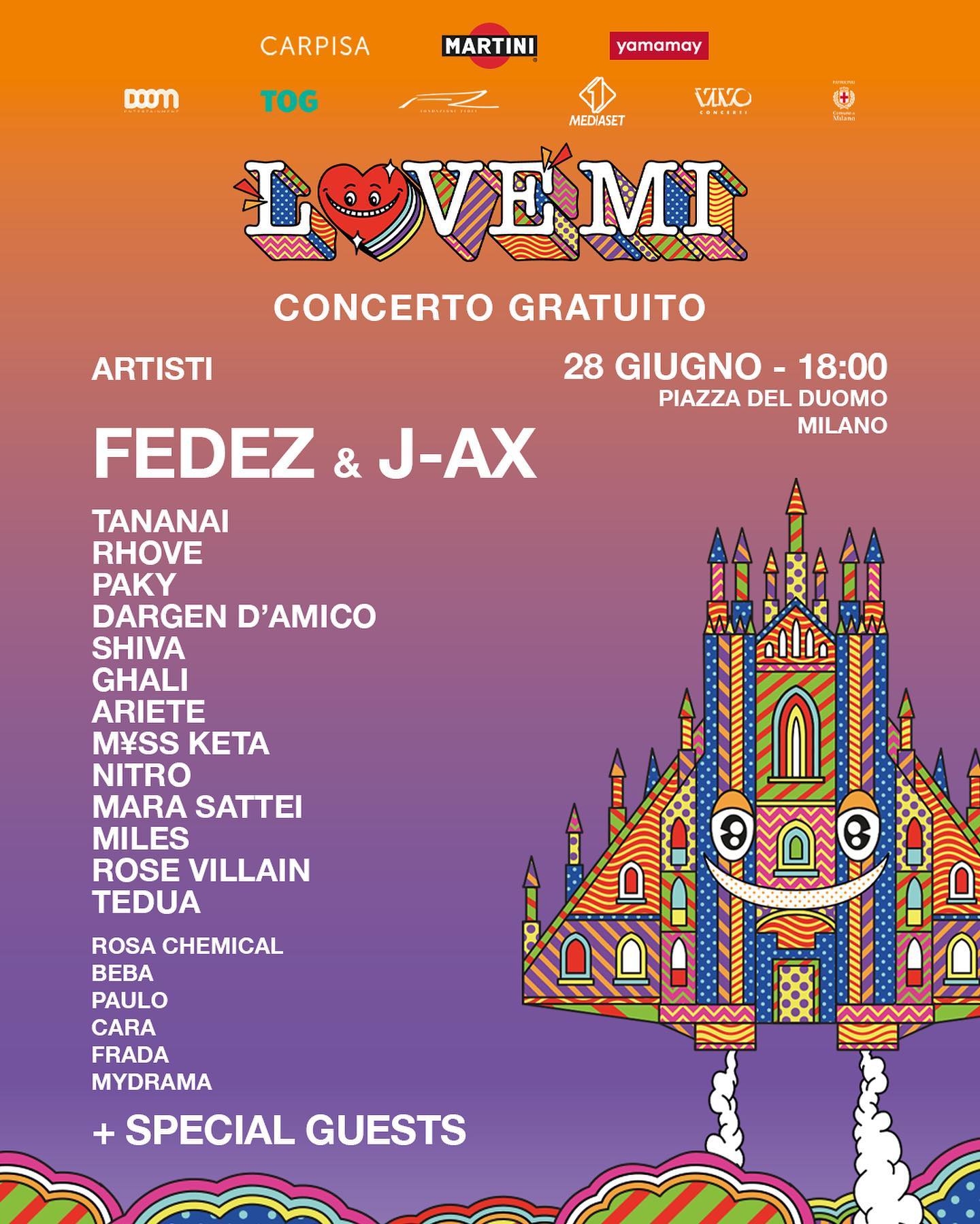 Fedez Fedez & J-Ax 28 Giugno concerto gratuito di beneficenza in Piazza del Duomo a Mi...