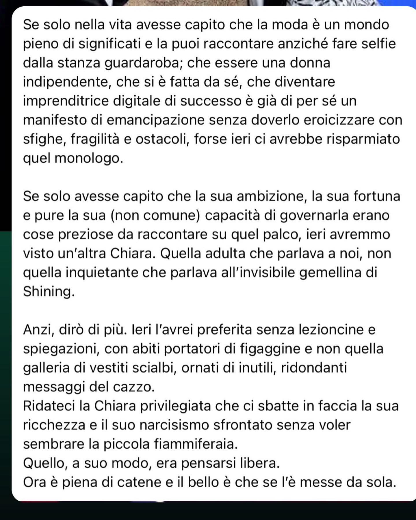 Selvaggia Lucarelli Il mio commento sul monologo di Ferragni è un’analisi articolata che potete comm...