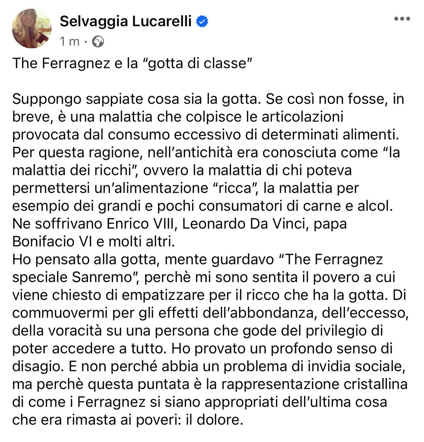 Selvaggia Lucarelli La gotta di classe. Cercare sempre l’approvazione dicendo che sei a Sanremo per ...