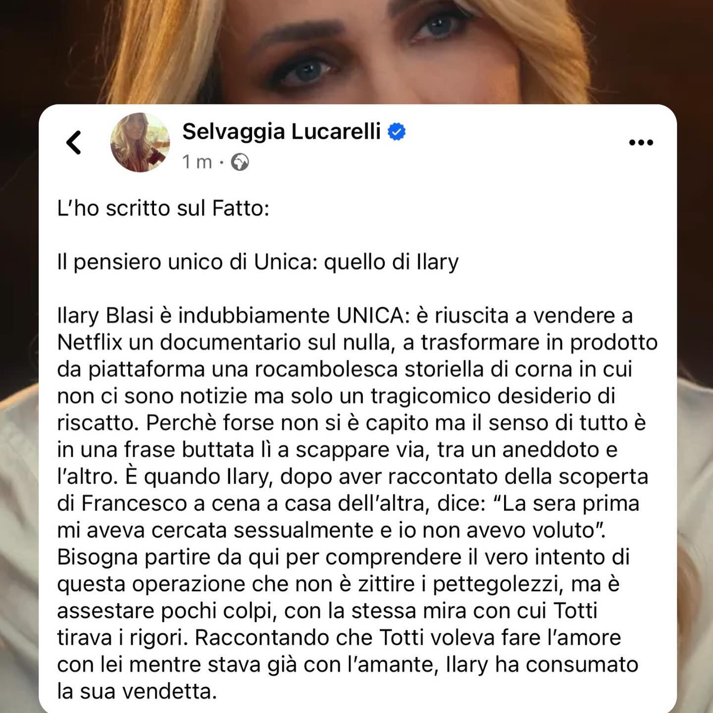 Selvaggia Lucarelli Il pensiero unico di “Unica”: quello di Ilary. Il mio articolo sul Fatto di oggi...